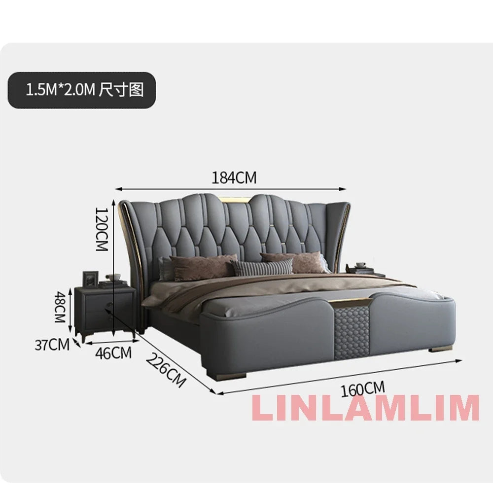 MINGDIBAO Luxuriöses, modernes Polsterbettgestell mit Goldakzenten, Designer-Bett aus echtem Leder, Schlafzimmermöbel in Queen-/King-Size