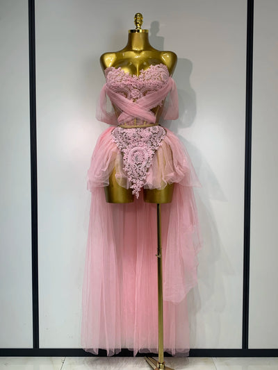 Women Sexy Strapless Pink Mesh Two Pieces Set Prom Gown Celebrate Birthday Nightclub Party Singer Stage Performance Costume