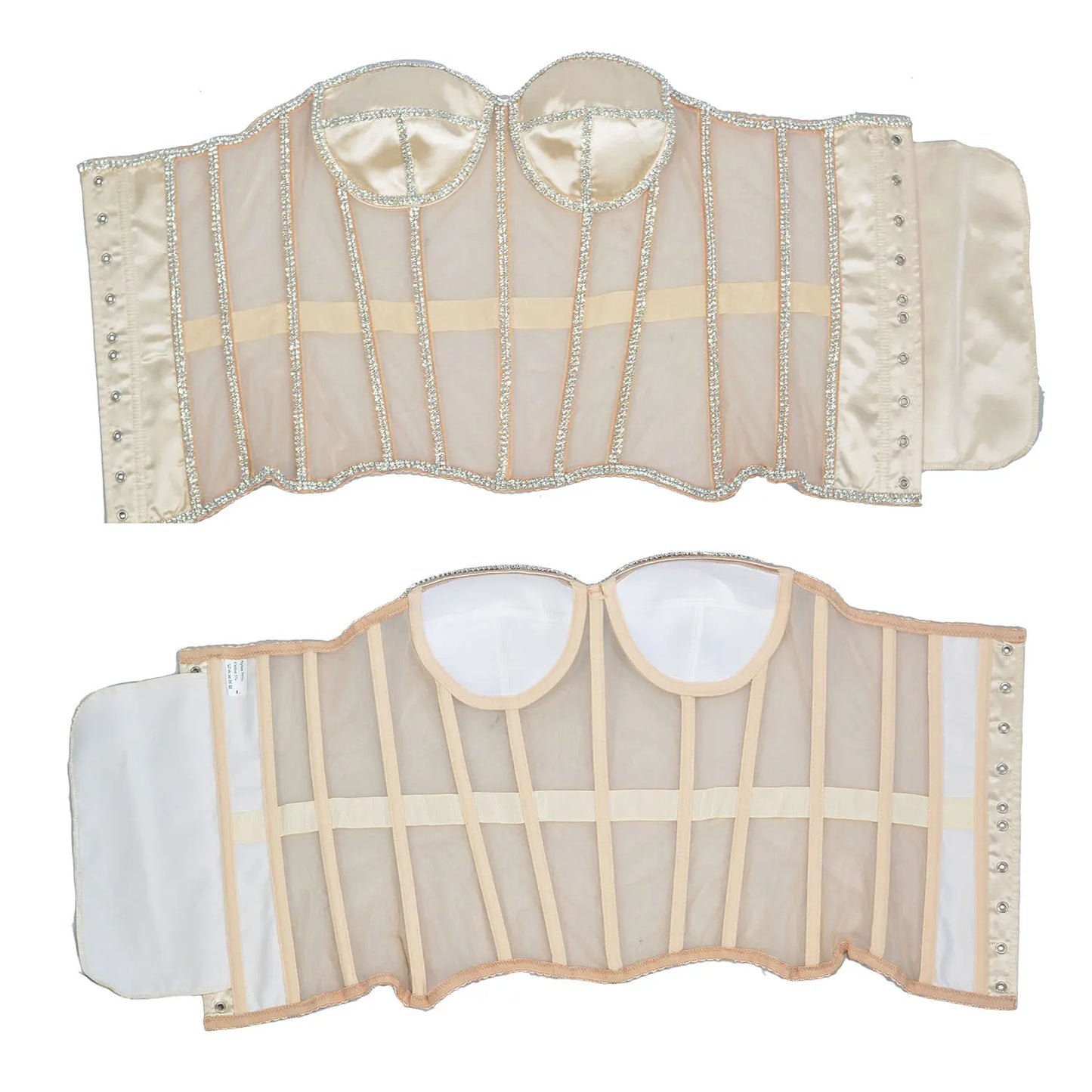 Women Abdomen Corset Crops with Bra Shiny Rhinestone Transparent Breathable Mesh Hand Made Bodices Push Up Bustiers Custom Made