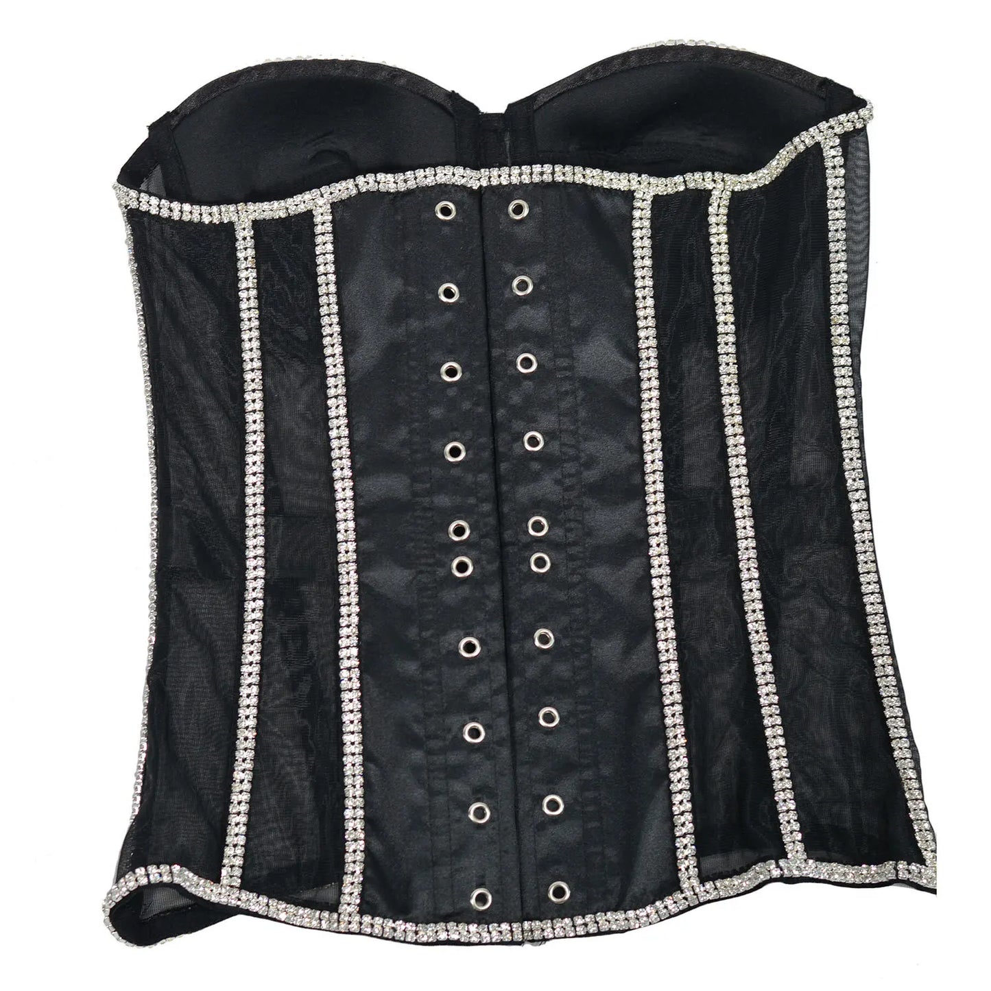 Women Abdomen Corset Crops with Bra Shiny Rhinestone Transparent Breathable Mesh Hand Made Bodices Push Up Bustiers Custom Made