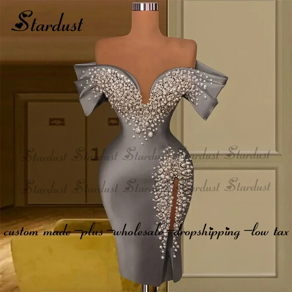 Stardust Luxury Off the Shoulder Homecoming Dress Pearls Slit Pleat Mini Saudi Arabric Illusion Cocktail Party Gown Customized