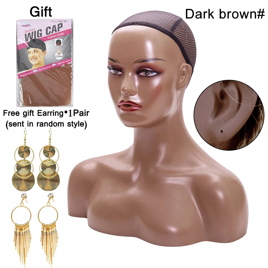 Weibliche Schaufensterpuppenkopf mit Schulter Mannequin Kopf Büste Perückenkopf Ständer mit Make-up für Perücken Präsentation Halskette Kostenlose Ohrringe, Perückenkappe