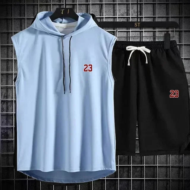 Summer New Men's Sleeveless Hooded T-shirt+shorts pants Sports two-piece set gym  Fashion  Casual Men Women Sports Two Piece Set