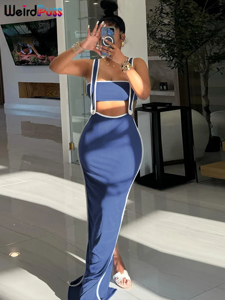 Weird Puss Summer Trend 2-teiliges Set Damen Weißer Saum Trägerloses Oberteil + Trägerkleid Elastische Streetwear-Outfits