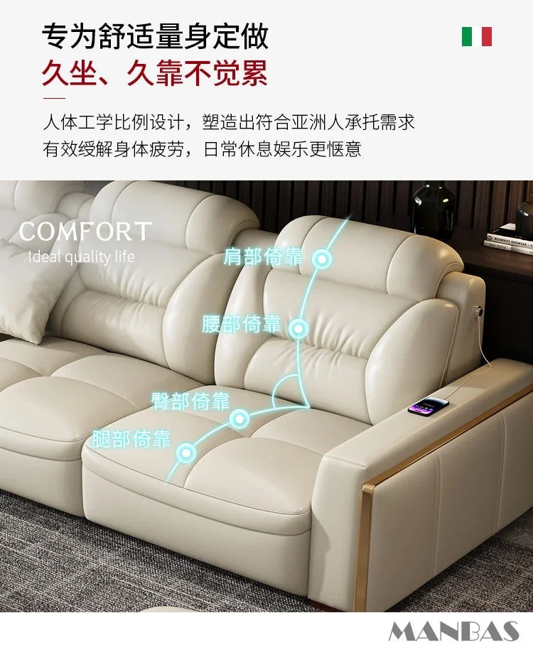 Premium italienische Echtleder-Ecksofas Sofagarnituren mit USB und Bluetooth Lautsprecher – MANBAS Wohnzimmermöbel
