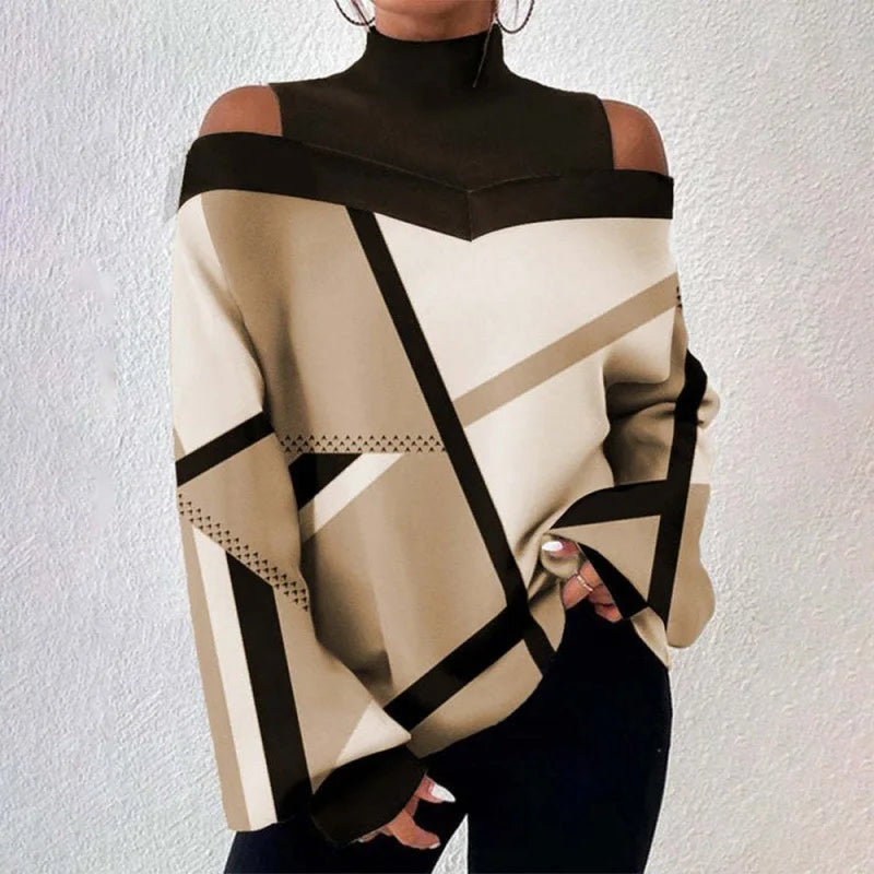 2024Damen Langarm Rollkragenpullover Damen Sexy schulterfrei ausgehöhlte lockere bedruckte T-Shirts 2024 Herbst Mode T-Shirt Top