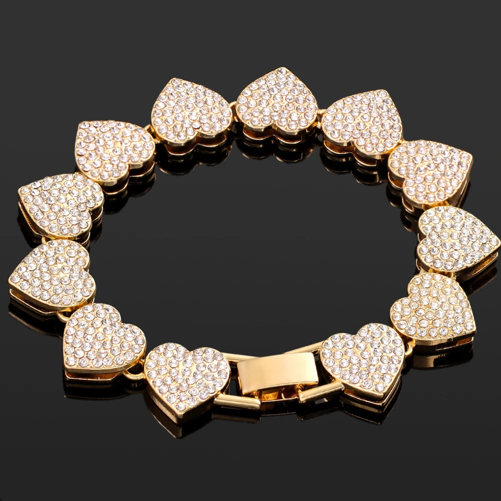 Iced Out Pink Cuban Armband für Frauen Hip Hop Gold Silber Farbe Kristall Herz Kreis Quadrat Armband 4Pcs Set Schmuck Geschenk