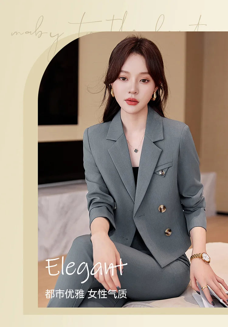Solid Suits for Women 2024 Spring Fashion Office Ladies Long Sleeve Double Breasted Short Tops Chic Slim High Waisted Pant Suits