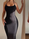 Sexy Geripptes Strick-Maxikleid Damen Spaghetti-Träger Figurbetontes Rückenfreies Unifarbenes Langes Abendkleid Club Party Vestidos