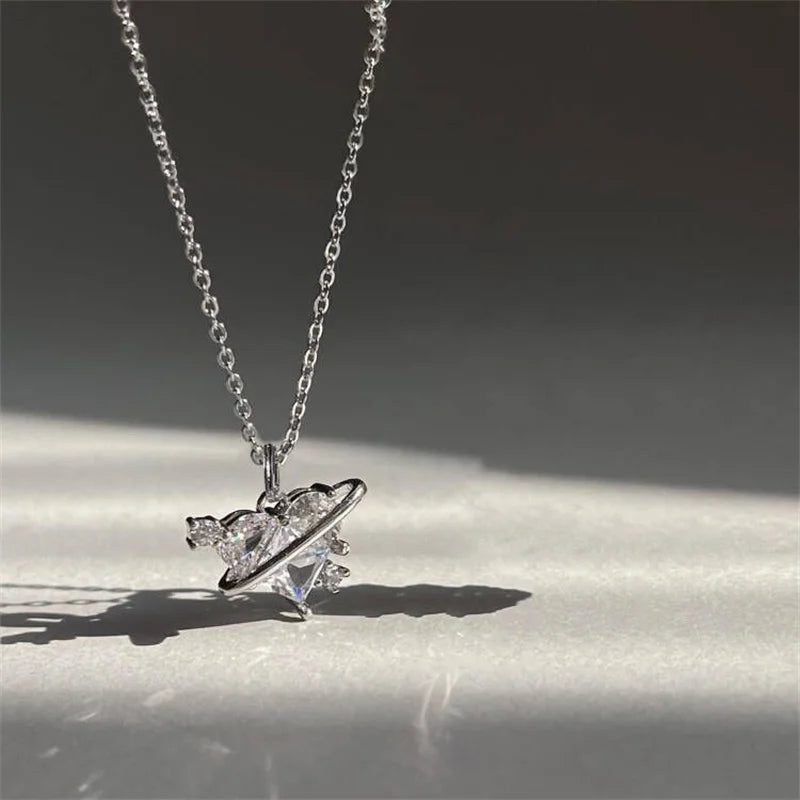 Y2K Rosa Planet Herz Zirkon Anhänger Halsketten Frauen Mode Ästhetische Schlüsselbeinkette Halskette Valentinstag Geschenk Party Schmuck