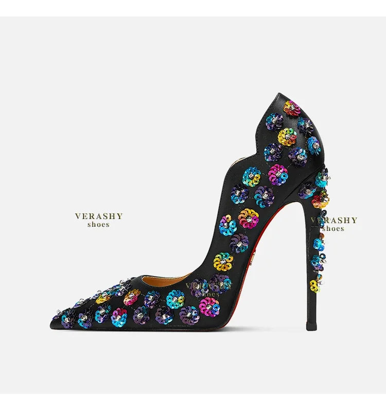 2025 Spring New High Heels Women's Embroidered Beaded Black Sexy Queen's Heel 10-12cm Pointed