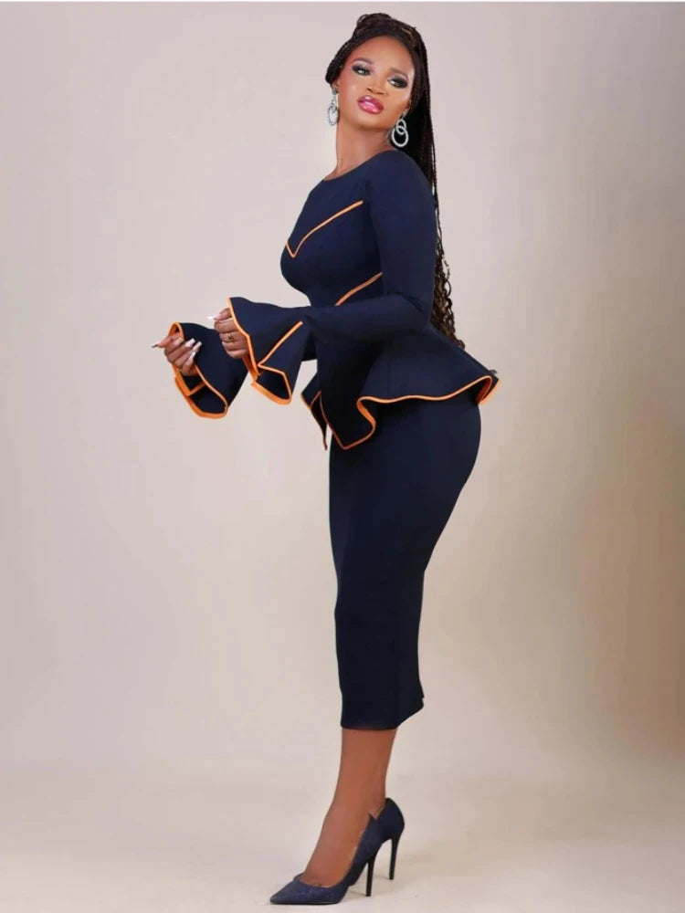 Elegantes Damen-Bürokleid, Rundhals, Rüschenkante, Langarm, Formelles Business, Farbblock, A-Linien-Berufskleidung, Neuer Stil