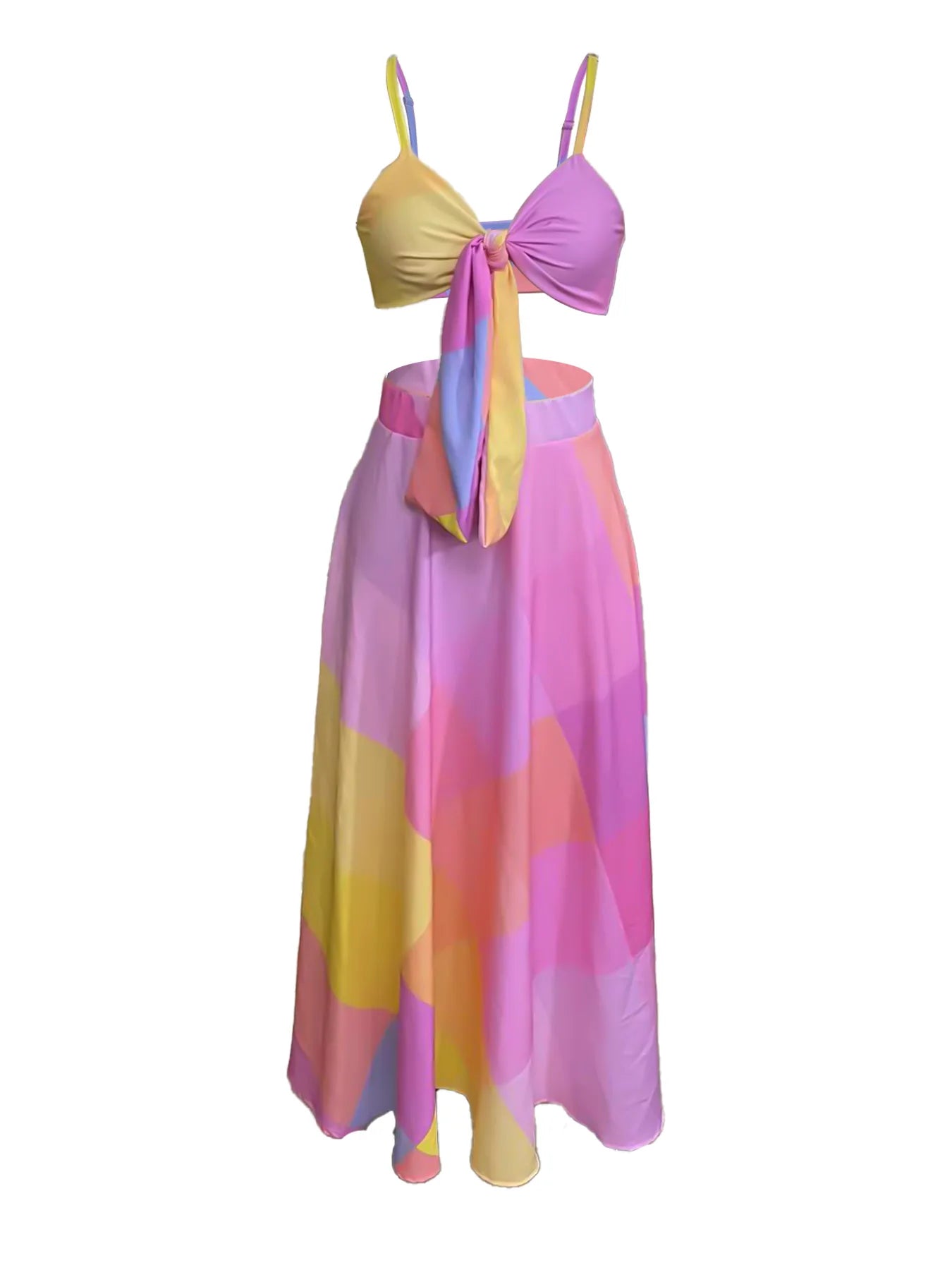 A lace-up short top with a half-length skirt and a geometric pattern women's dress set