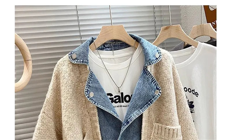 2023 New Autumn Winter Women Splicing Denim Jacket Women Long Sleeve Jean Jackets Female Loose Sweater Cardigan Jacket