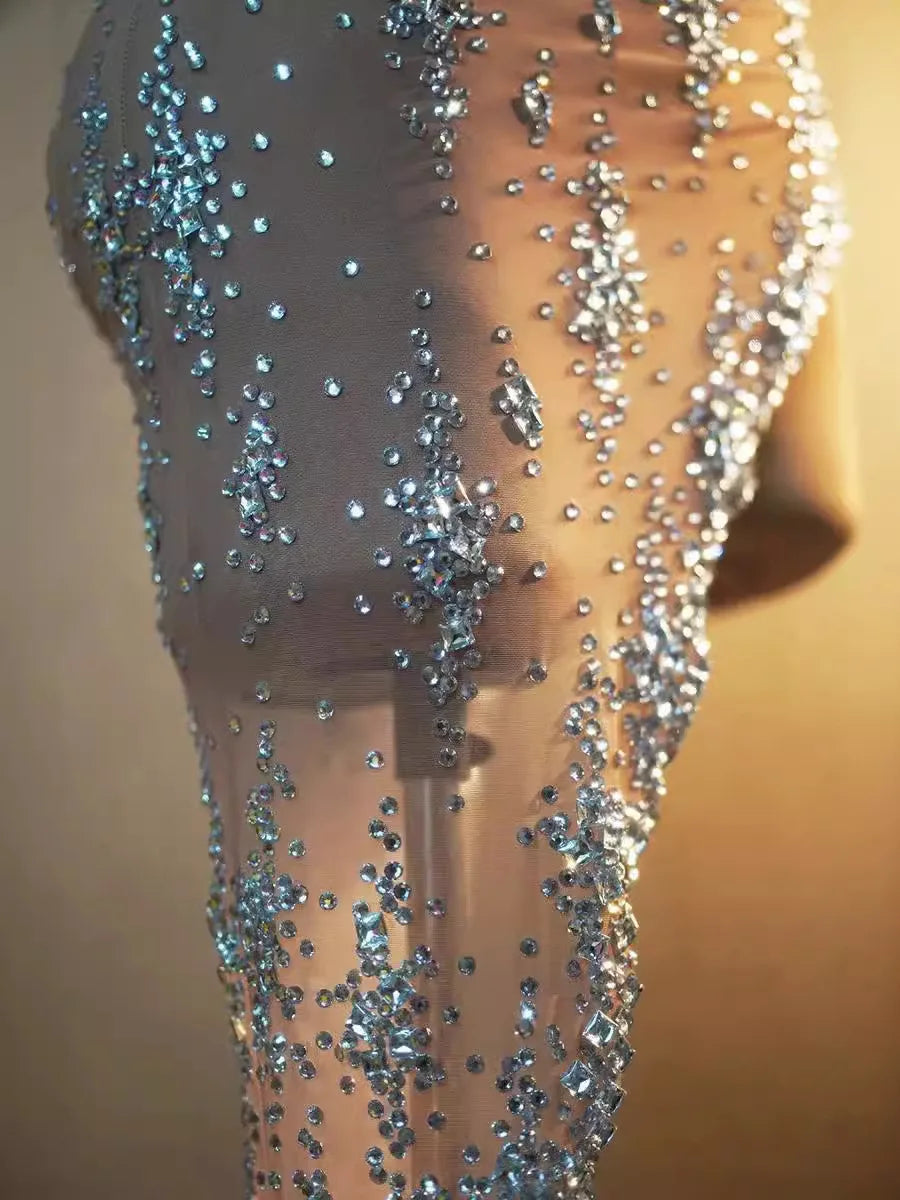 Sparkly Rhinestone V Neck Stretch Mesh Sexy See Through Dress Women 2024 Designer Party Celebrate Performance Costume Stage Wear