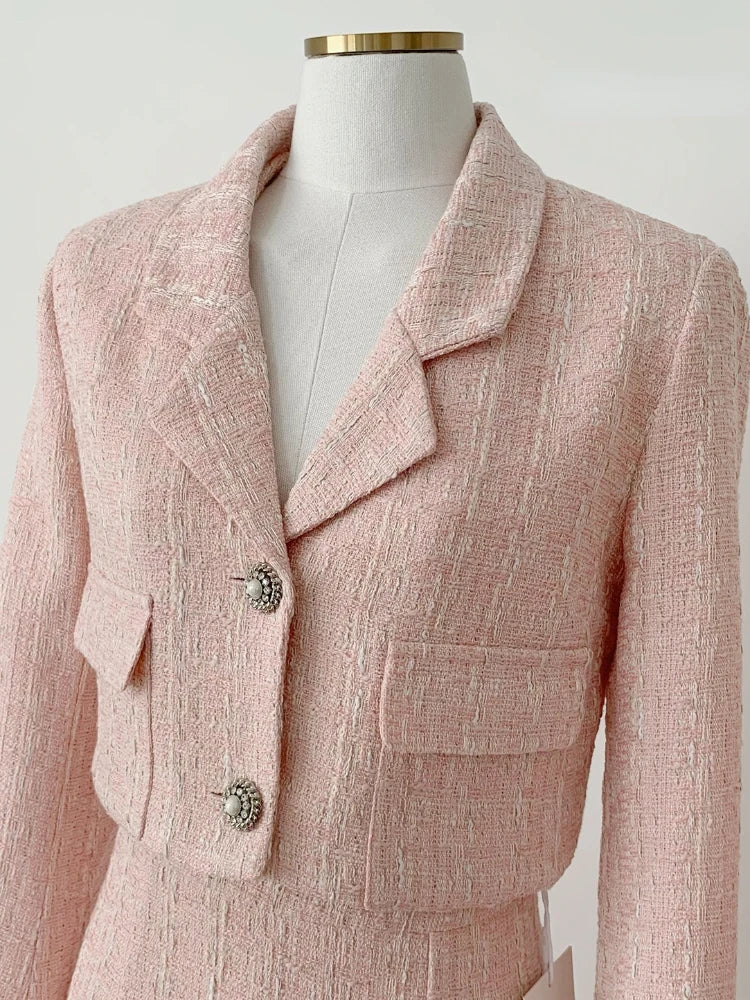 Elegant Fashion Pink Tweed Suit Women's Autumn 2023 Y2k High Quality Blazer Coat+Bag Hip Skirt Commuting Two-Piece Set