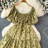 2024 Neues Sommer Blumenmuster Maxikleid Damen Vintage Eckiger Ausschnitt Geraffte Brust Schärpe Bandage Sommerkleid Partykleid