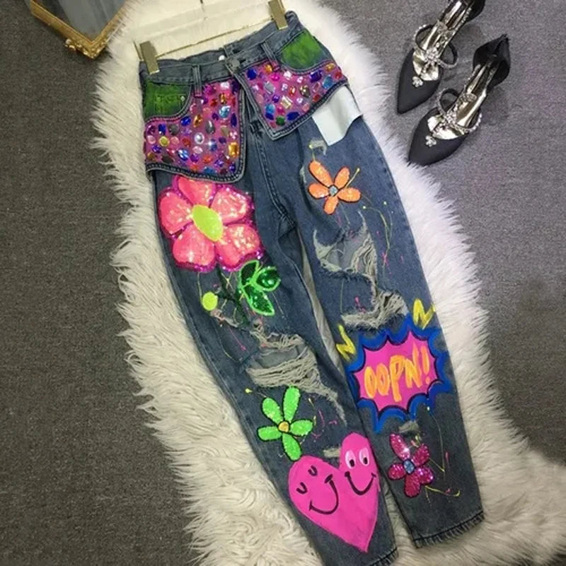 Fashion Rhinestone Washed Ripped Graphic Jeans Street Style Women's Denim Pants High Waisted Beaded Sequin Straight-Leg Jean
