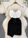 Mode-Trägerkleid Sexy Kontrastfarben-Patchwork Damenkleider Unregelmäßiges Hüftwickelkleid Büro-Dame Koreanische Ropa Mujer