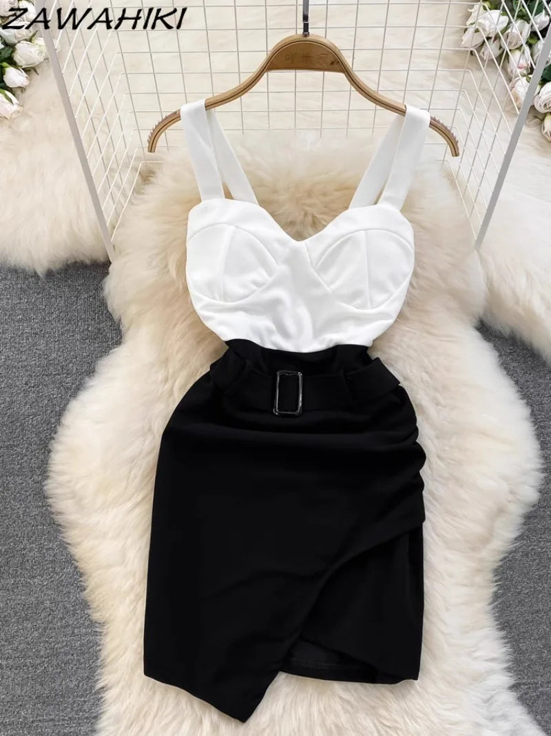 Mode-Trägerkleid Sexy Kontrastfarben-Patchwork Damenkleider Unregelmäßiges Hüftwickelkleid Büro-Dame Koreanische Ropa Mujer