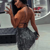 Kliou Tassel Patchwork Shiny Mini Dress Women Halter Bandage Stunning Backless Sleeveless Skinny Vestido Female Party Clubwear