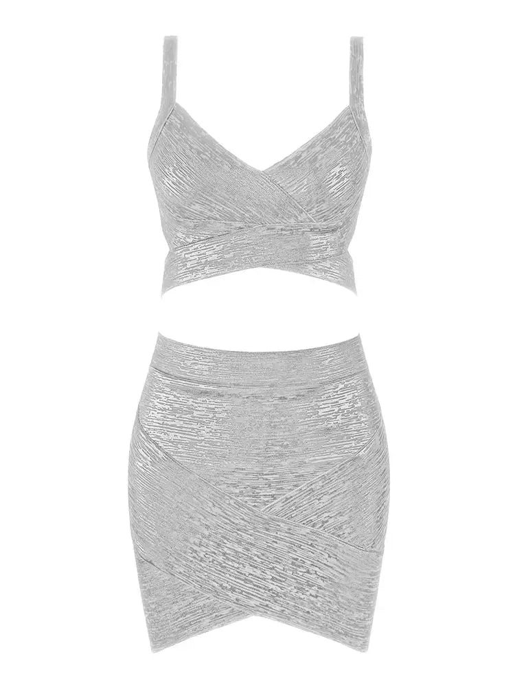 BEAUKEY Qualität 2-teiliges Set glänzendes Metallic Roségold Bodycon Top & Rock Neues Mini Kurzes Sexy Party Nachtclub Set