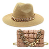 Set Straw Hat and Bag Set Gold Chain Bag Hat Set Ladies Leather Bag Tote Church Fedora Party Jazz Straw Hat