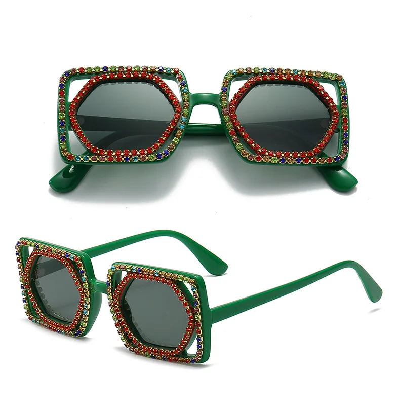 Quadratische Luxus Diamanten Sonnenbrille Damen Punk Mode Strass Sonnenbrille Weiblich Glänzend Sexy Gelbe Linse Brille Schatten Handgemacht