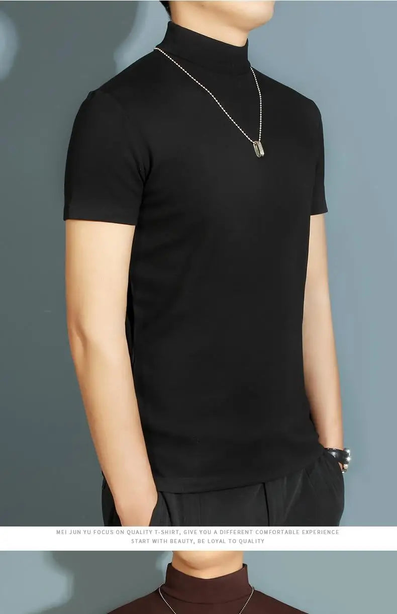 Men's Modal High Neck Short Sleeve T-Shirt Bottoming Shirt Silk Model Golf Wear Luxury Clothing Men's T-Shirt Bottoming Shirt