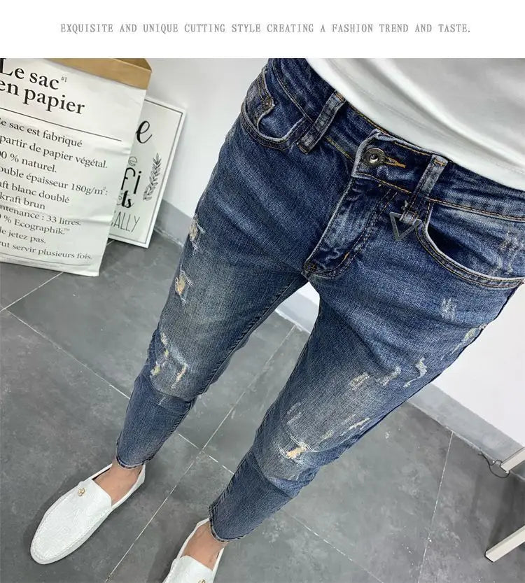 Men's Korean Style Classic Jeans 2023 New Blue Ripped Jeans for Men Fashion Trendy Summer Skinny Ripped Hole Cargo Trousers