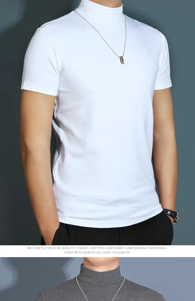 Men's Modal High Neck Short Sleeve T-Shirt Bottoming Shirt Silk Model Golf Wear Luxury Clothing Men's T-Shirt Bottoming Shirt