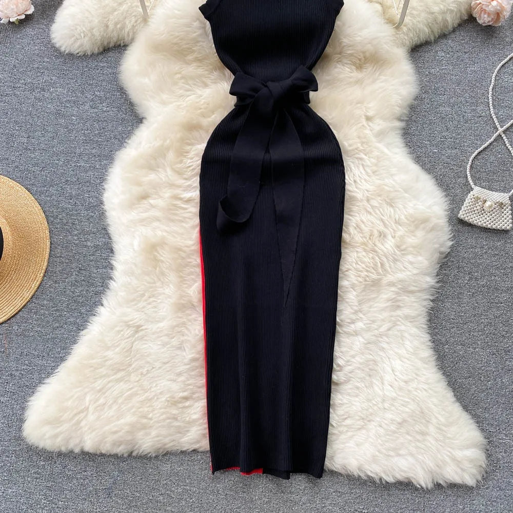 YuooMuoo Women Dress 2025 Summer Elegant Rib Knit Slim Waist Bandage Pencil Dress Office Lady Sleeveless Bodycon Sweater Dress
