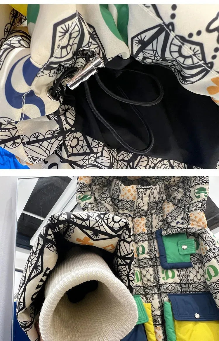2023 Europäische Station Winter Neue Daunenjacke Damen Warm Mode Kurze Farb-Patchwork Graffiti dicke Weiße Entendaunenjacke