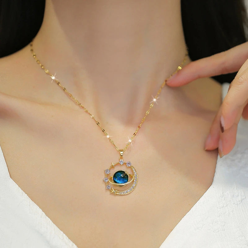 Stainless Steel Zircon Planet Star Pendant Necklace For Women Elegant Aesthetic Clavicle Chain Necklace Jewelry Party Gift