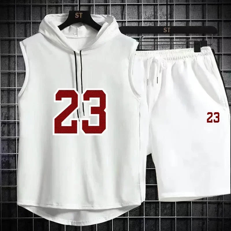 Summer New Men's Sleeveless Hooded T-shirt+shorts pants Sports two-piece set gym  Fashion  Casual Men Women Sports Two Piece Set