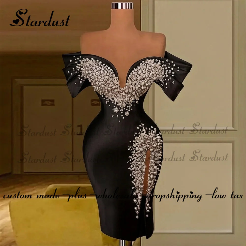 Stardust Luxury Off the Shoulder Homecoming Dress Pearls Slit Pleat Mini Saudi Arabric Illusion Cocktail Party Gown Customized