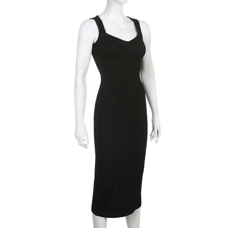 CIBBAR Basic Strick-Maxikleid Koreanische Mode Quadratischer Kragen Ärmellos Damenkleider Sommer Lässig Y2k Vintage All-Match Outfits