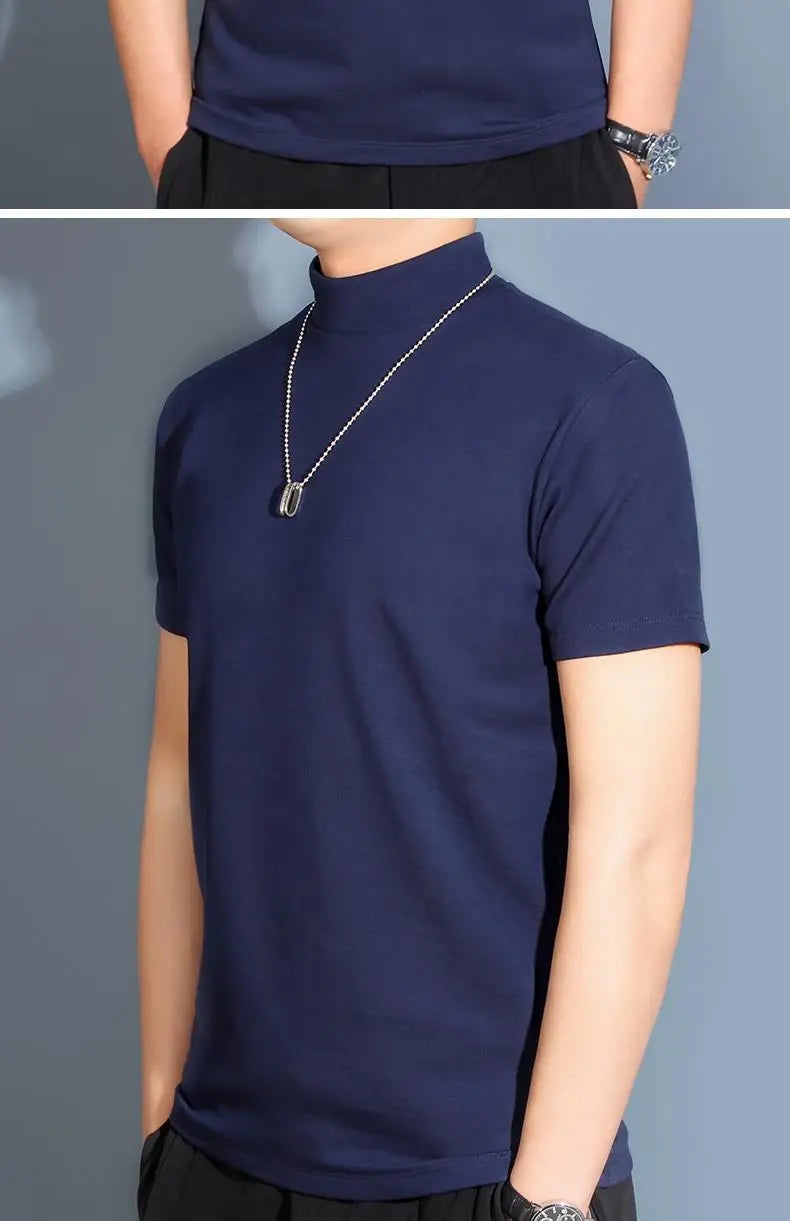 Men's Modal High Neck Short Sleeve T-Shirt Bottoming Shirt Silk Model Golf Wear Luxury Clothing Men's T-Shirt Bottoming Shirt