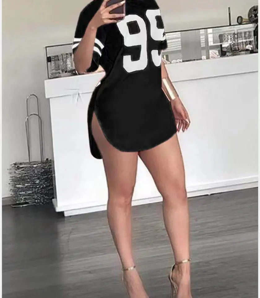 95 Pattern Print T-Shirt O-Neck Split Short Sleeve Sports Football Jersey Y2K Loose Oversized Street Retro Casual Tops