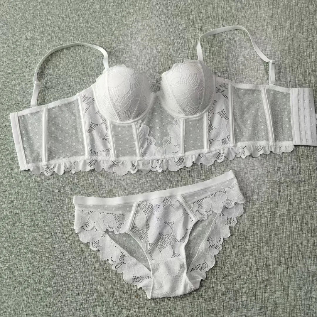 French Ladies Transparent Mesh Corset Sexy Shaper Thin Bra Set Night Club Sweet Cropped Top Girls Hot Bra and Panties Bralette