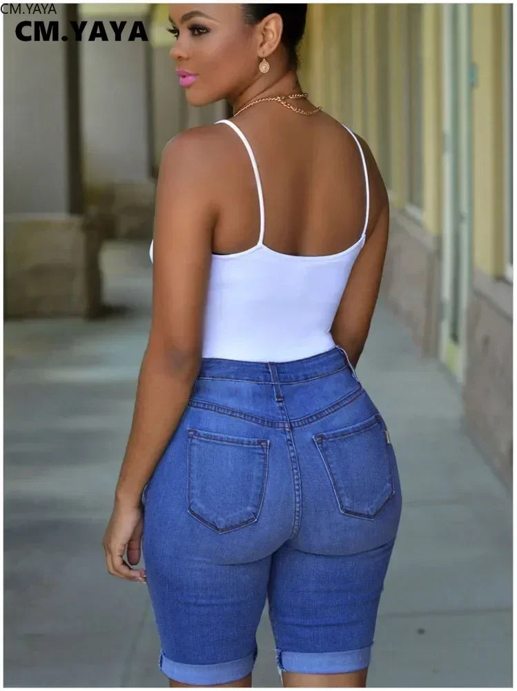 CM.YAYA Women New Winter Hole Ripped High Waist Casual Zipper Fly Knee Length Jeans High Streetwear Denim Shorts Fashion Pants