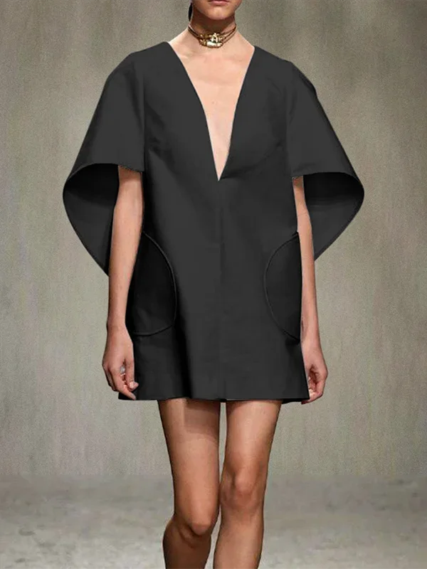 Yeezzi Fashion Schwarz Weiß Farbkurzes Kleid für Damen 2025 Neu Frühling Tiefer V-Ausschnitt Halbarm Loose Ballkleid Party Minikleider