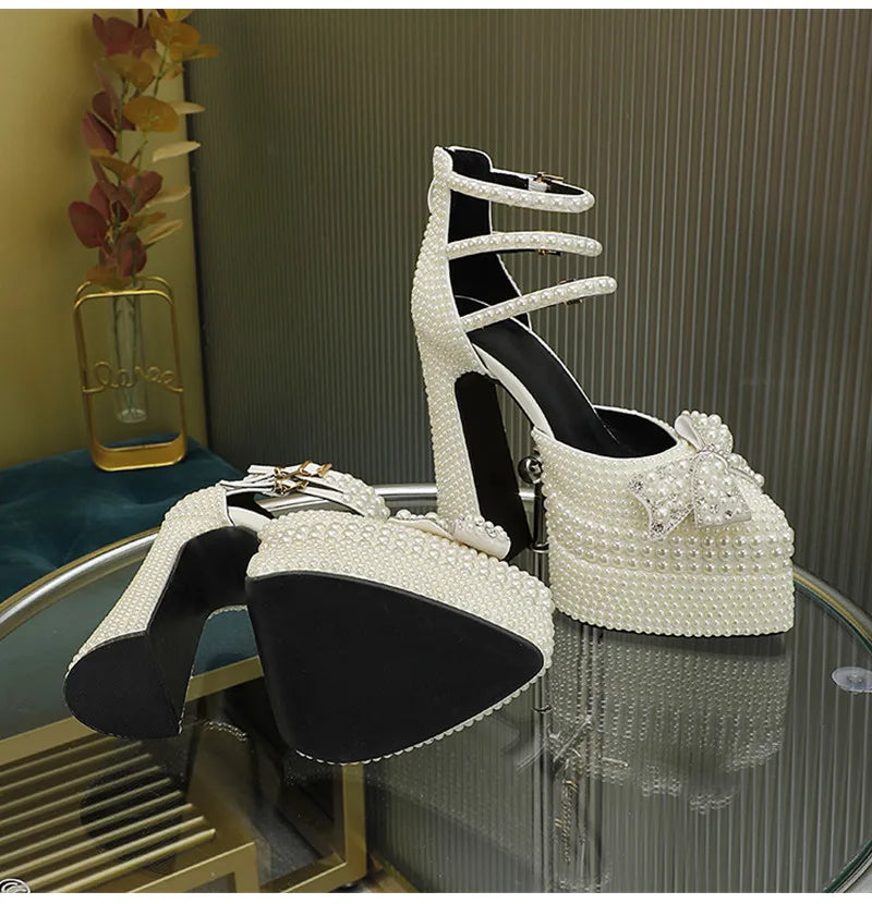 Luxury Handmade Full Pearls Rhinestones Bowknot Women Pumps Fashion Ankle Strap Platform Wedges High heels Banquet Wedding Shoes