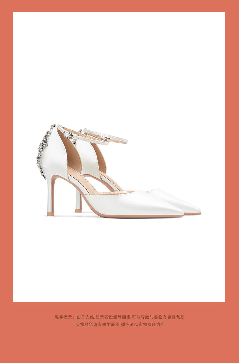 Baotou Hohle High Heels Damen Sandalen Spitz Dünne Ferse Ein-Wort-Schnalle Strass Hochzeitsschuhe Brautschuhe