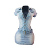 2025 Neues Jeanskleid Kurzarm Damen Schick Sexy Sommer Elegant Schmal Stretch Acid Wash Vintage Gürtel Jeans Bodycon Kleider
