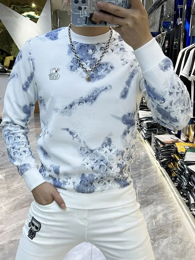 Trend Vielseitig Frühling Herbst Neu Herren O-Ausschnitt Graffiti-Druck Kontrastfarbe Mode Luxus Lässig Langarm Sweatshirts Oberteile