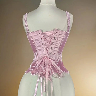 Women Tight Corset Vest Bustier Overbust Petal Bodice Lace Up Boned Shaping Tops Pink Costume Crops With 5 Buckles Party Wedding