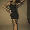 Shiny Rhinestones Grid Fishnet Dress Long Sleeve O-Neck Hollw Out Side Slit Dress Sexy Beach Cover Up Breathable Women Vestidos