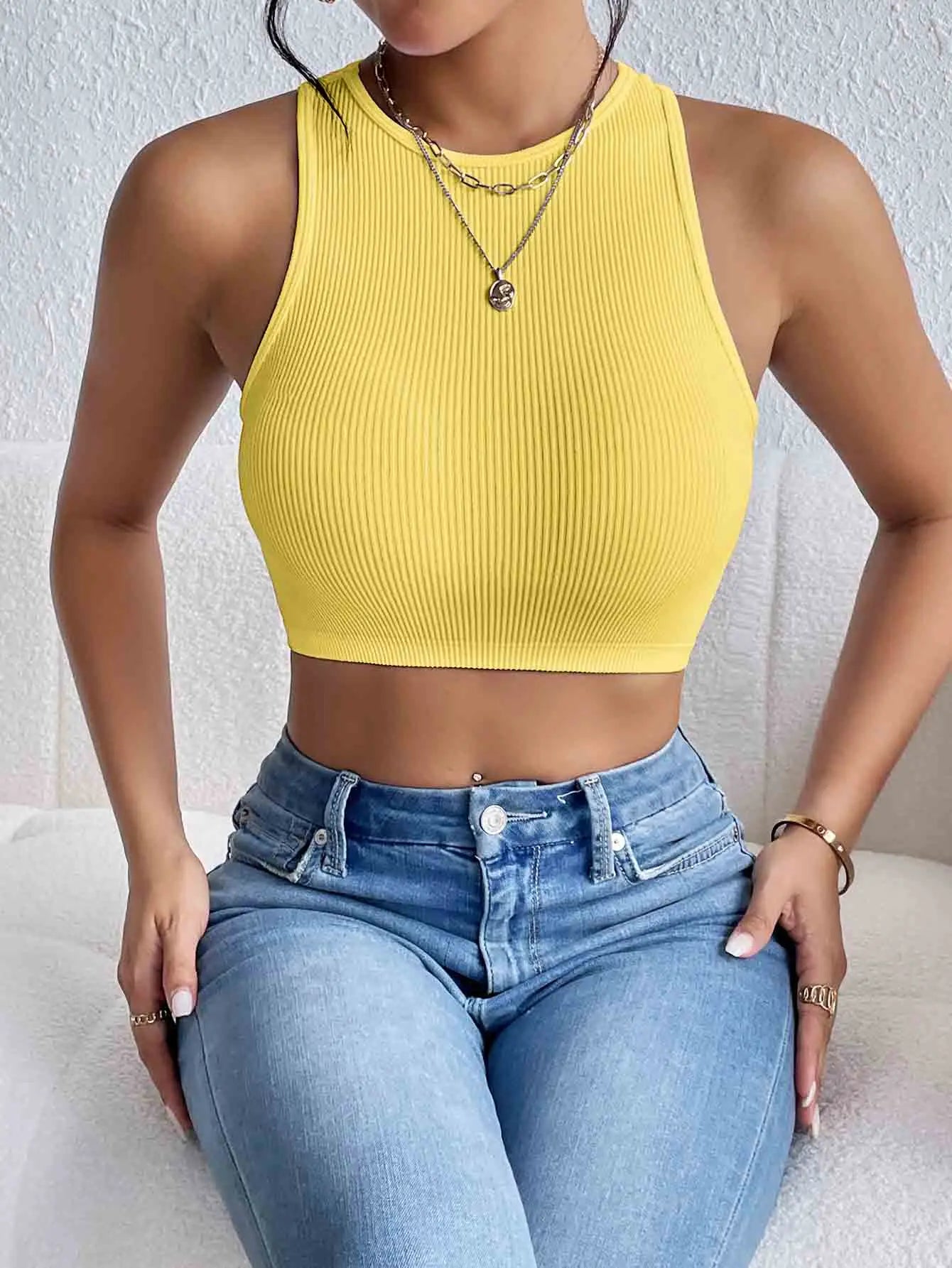 Women's Solid Ribbed Crop Tank Top Casual Sleeveless Basic Summer Top Comfortable Fit Fashionable Trendy