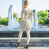 Damen Minikleider Sommer Mode Damenkleider Bedruckte Chiffonkleider mit Blumenmuster, gerafft, plissiert, kurze Puffärmel, Freizeitkleid
